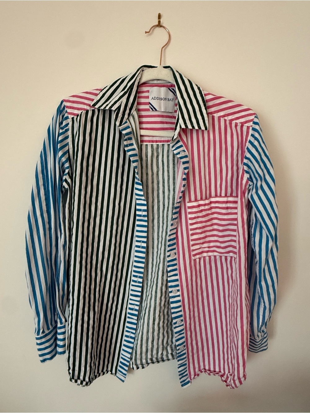 Addison Bay Striped Patchwork Button-Down Shirt — Pink, Blue, Black